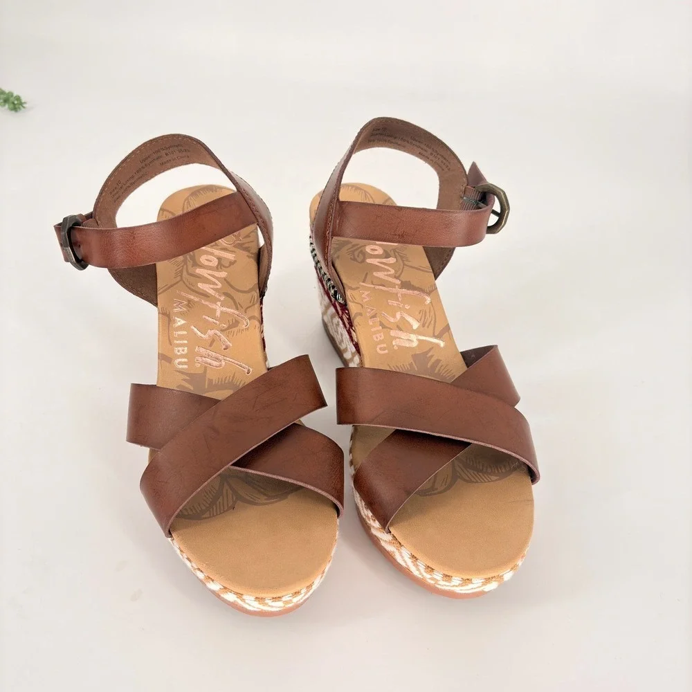 Blowfish Malibu Womens Brown Wedge Sandals Geometric Print Platform Buckle Sz 10